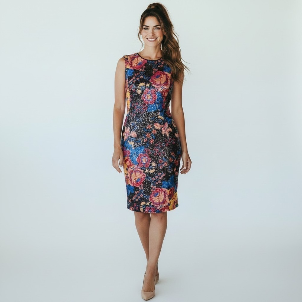 Diane von Furstenberg Floral Sequin Sheath Dress Luxe romantic cocktail glam 6
